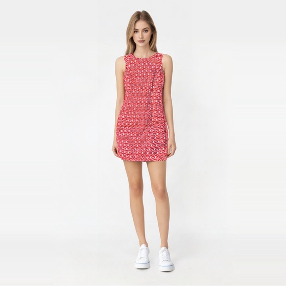 Mario Serrani Red white Geometric Print Midi Sleepless Dress Size 10 - Picture 15 of 15